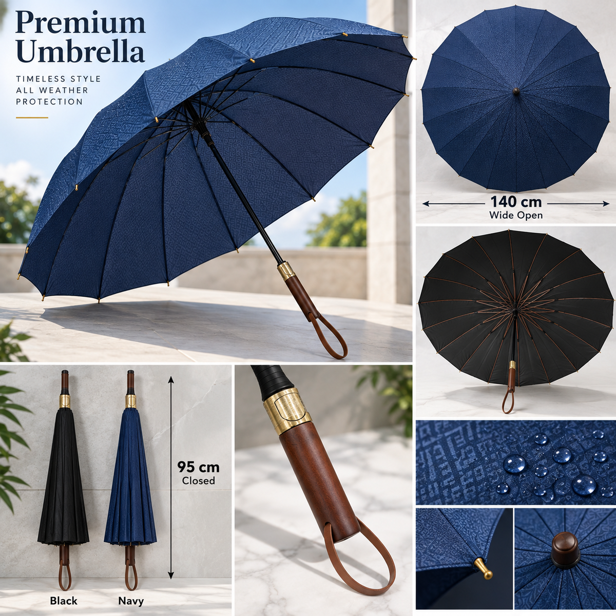 Premium Extra Large 140cm Windproof Umbrella with Wooden Handle – Black & Navy