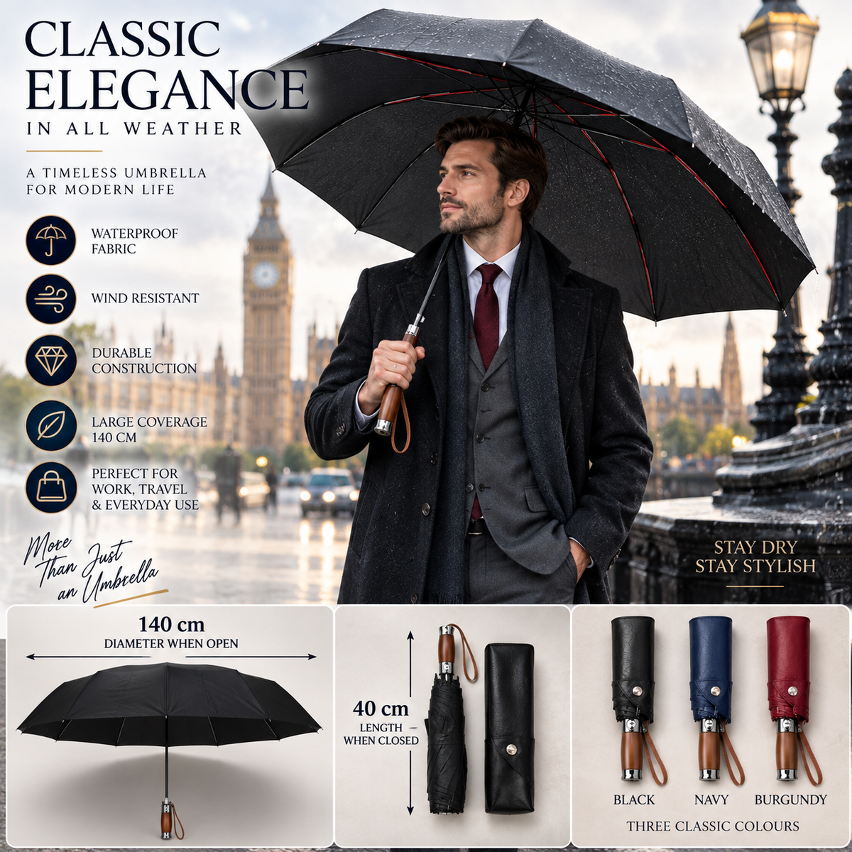 Premium English Style Automatic Umbrella – Luxury Wooden Handle, Leather Case, Extra Large 140cm Canopy