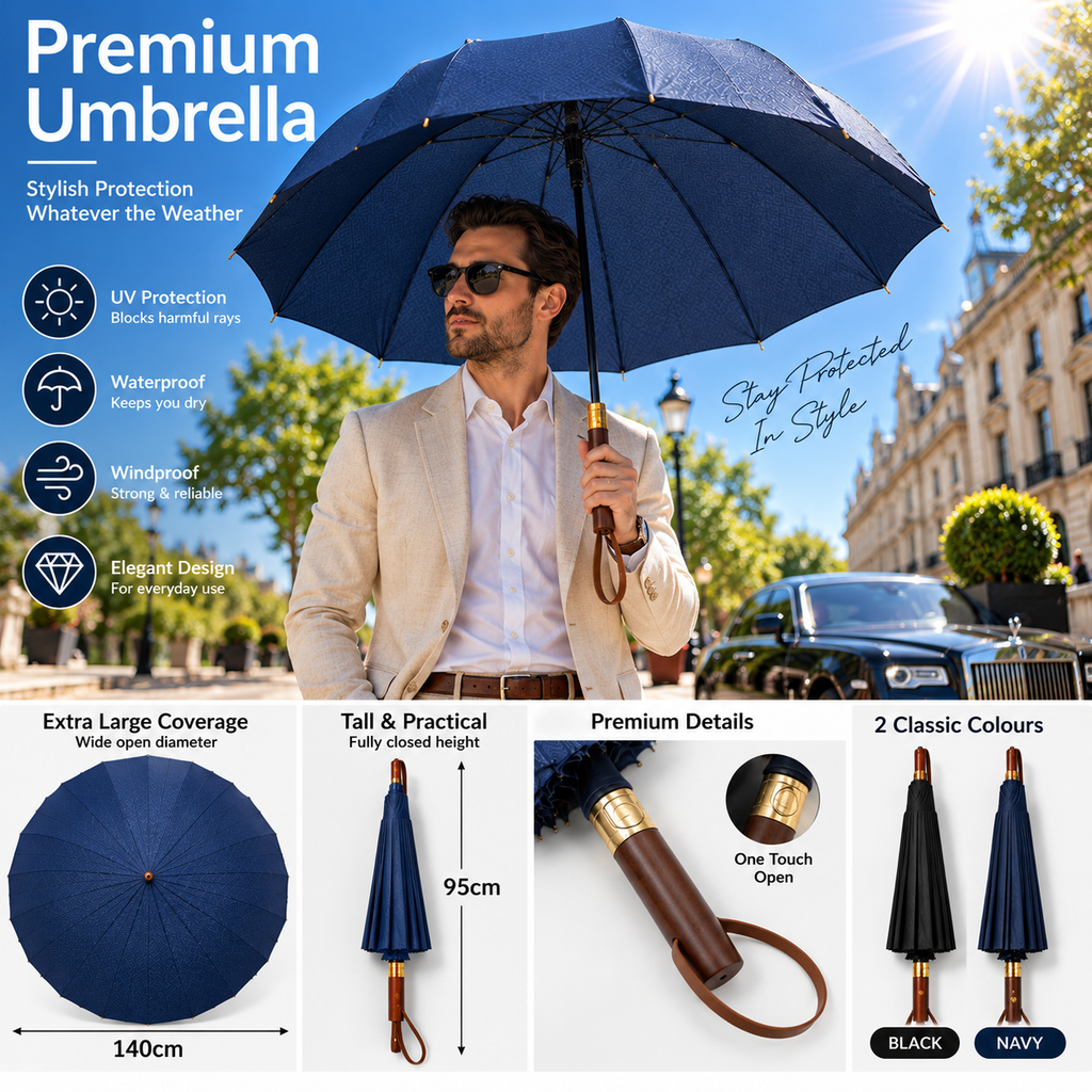 Premium Extra Large 140cm Windproof Umbrella with Wooden Handle – Black & Navy