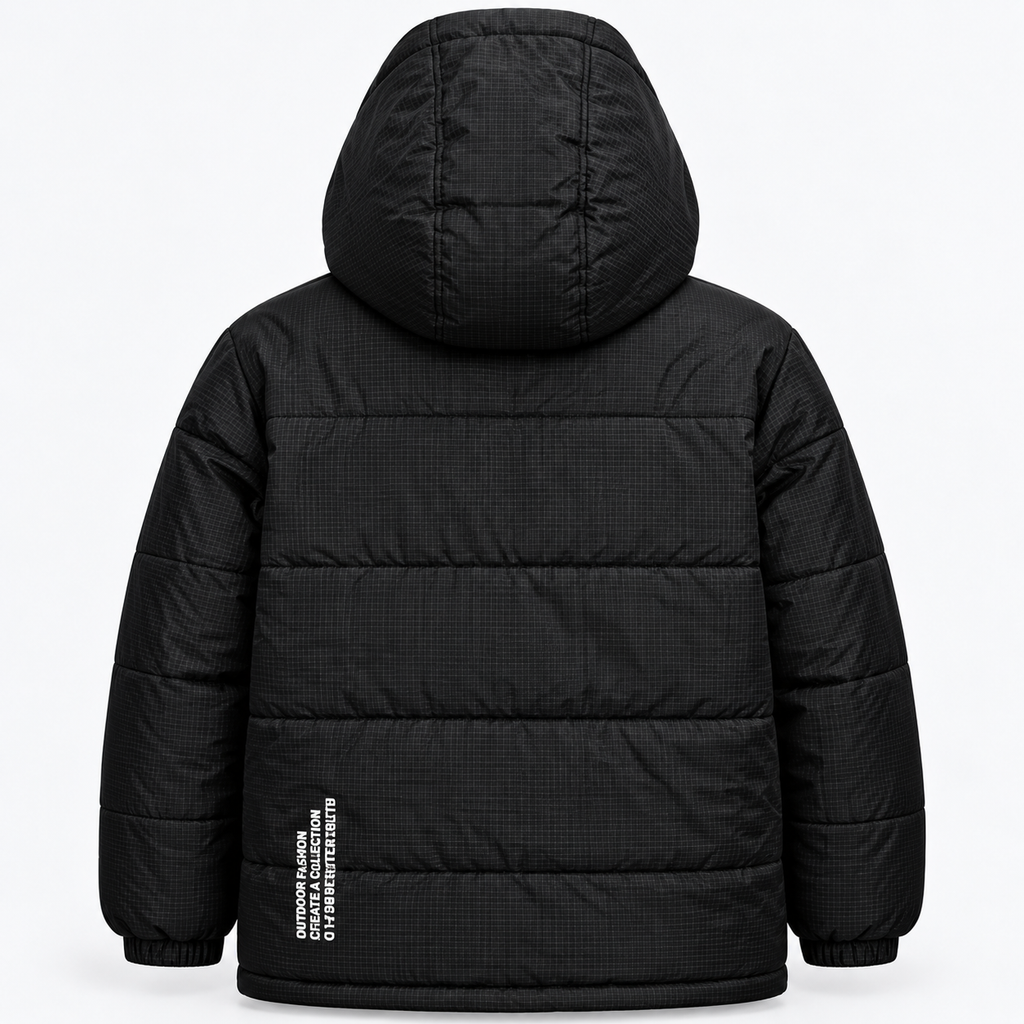 Black Unisex Grid Texture Hooded Puffer Jacket – Waterproof & Windproof