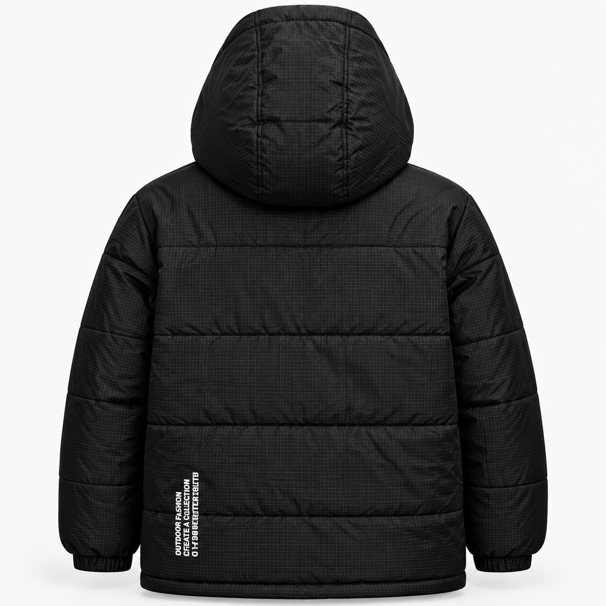 Black Unisex Grid Texture Hooded Puffer Jacket – Waterproof & Windproof