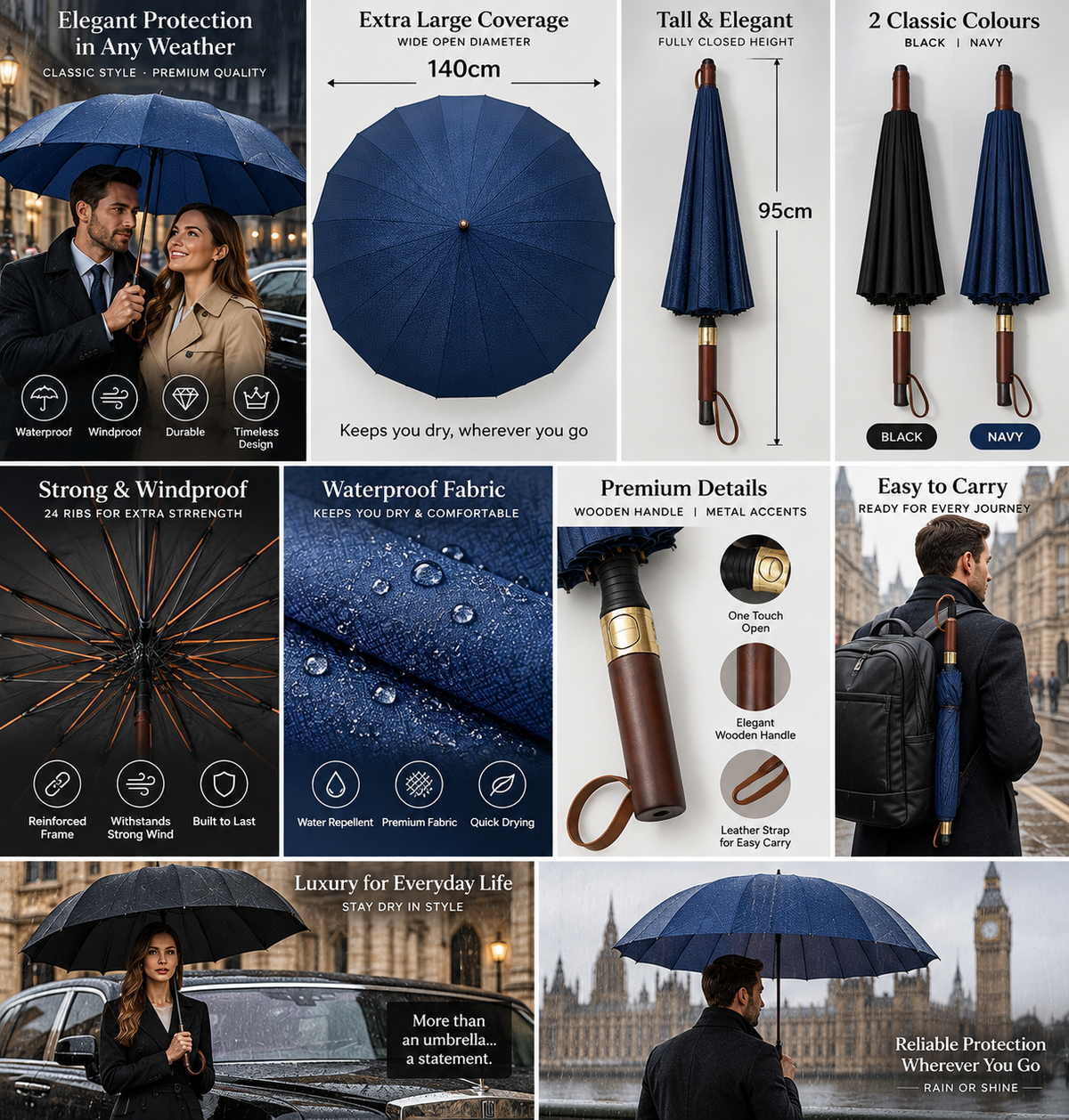 Premium Extra Large 140cm Windproof Umbrella with Wooden Handle – Black & Navy