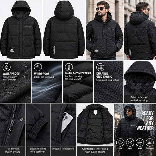 Black Unisex Grid Texture Hooded Puffer Jacket – Waterproof & Windproof
