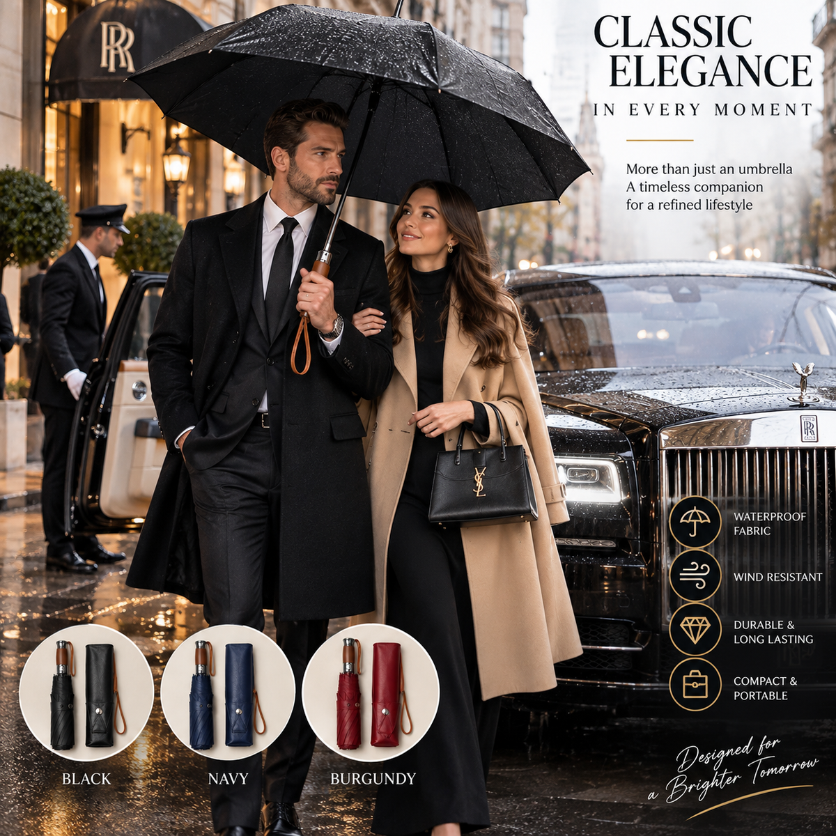 Premium English Style Automatic Umbrella – Luxury Wooden Handle, Leather Case, Extra Large 140cm Canopy