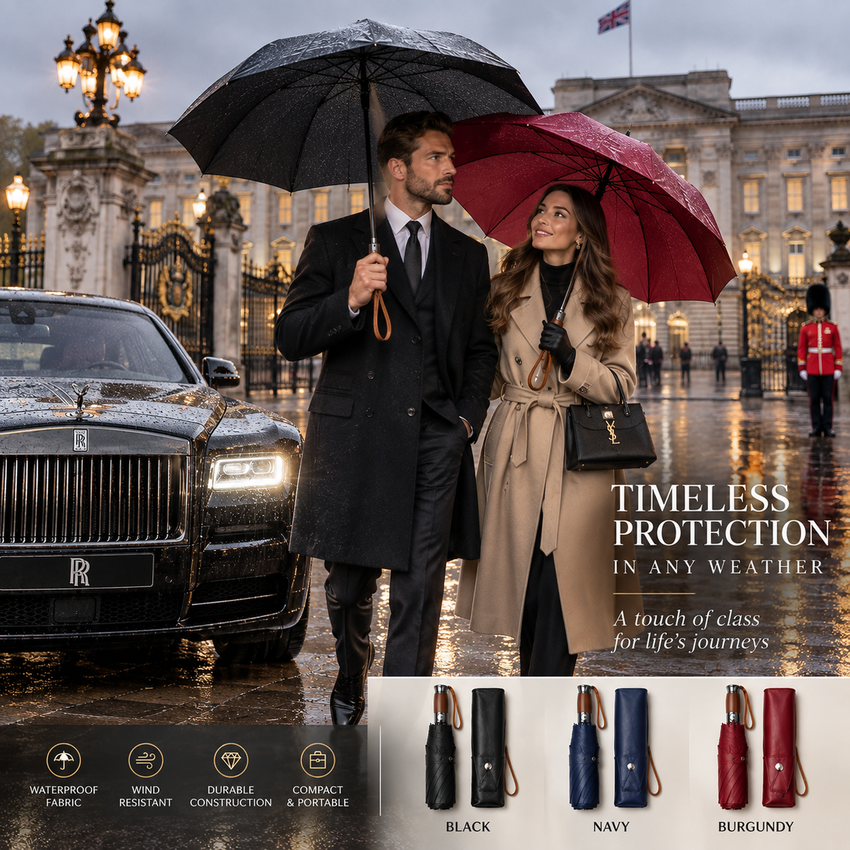 Premium English Style Automatic Umbrella – Luxury Wooden Handle, Leather Case, Extra Large 140cm Canopy