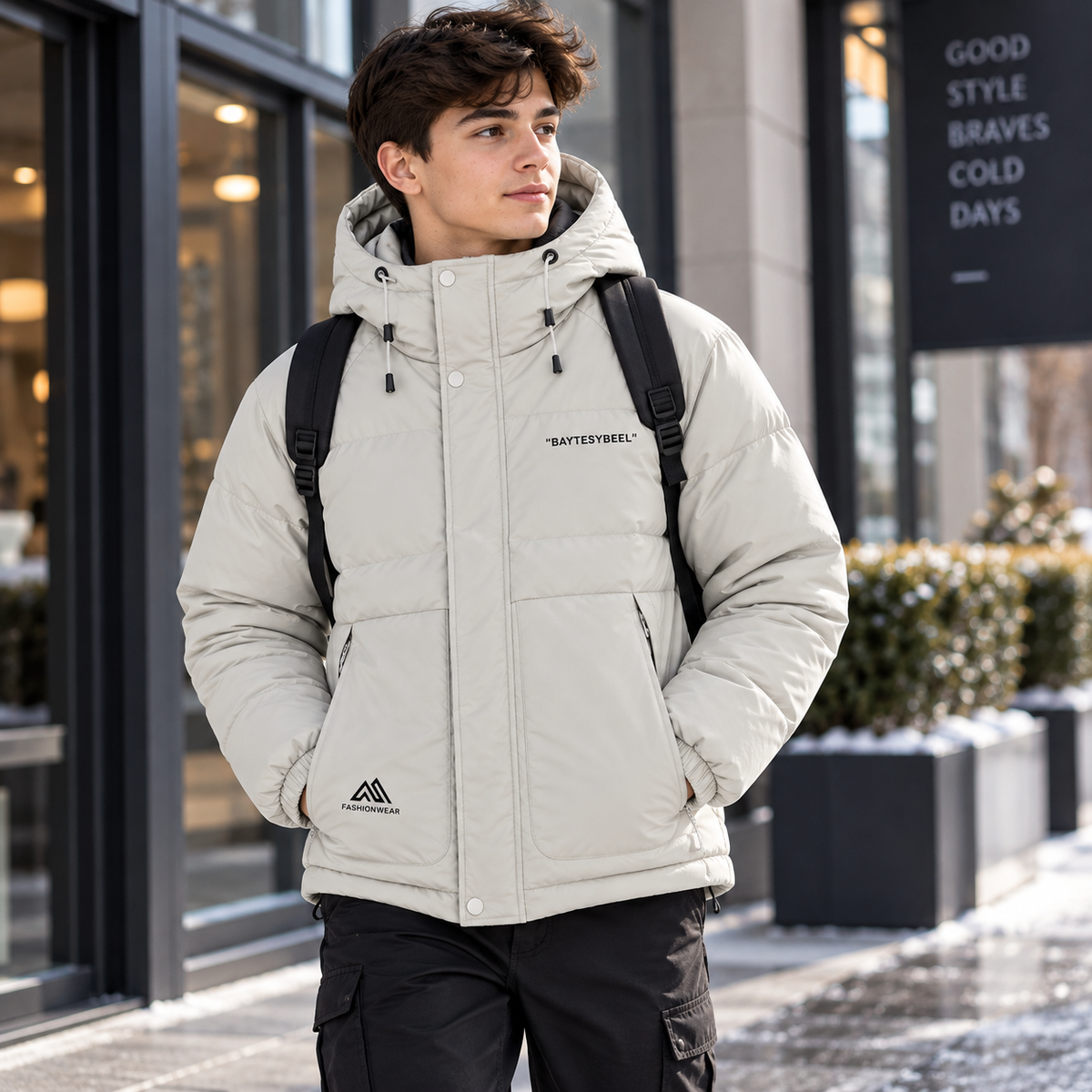 Men’s Waterproof Puffer Jacket Hooded Warm Windproof Winter Coat – Ivory, Grey & Black