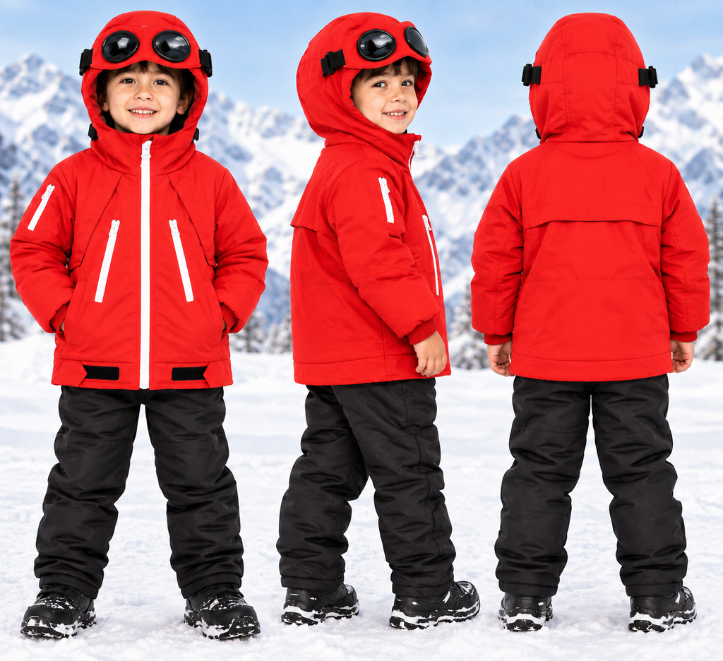 Kids Waterproof Hooded Winter Jacket – Warm Padded Windproof Coat with Zip Pockets – Red & Blue