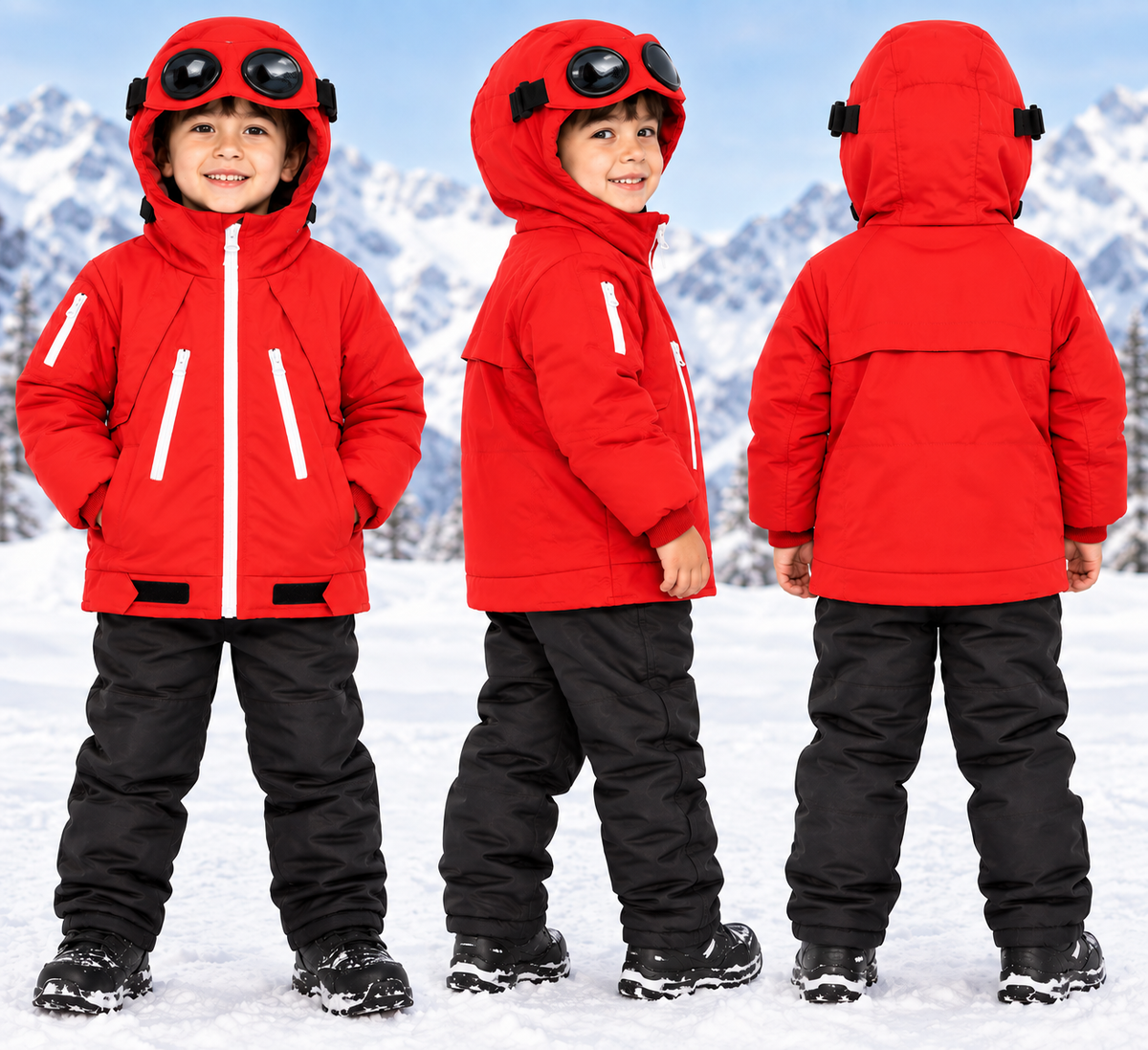 Kids Waterproof Hooded Winter Jacket – Warm Padded Windproof Coat with Zip Pockets – Red & Blue
