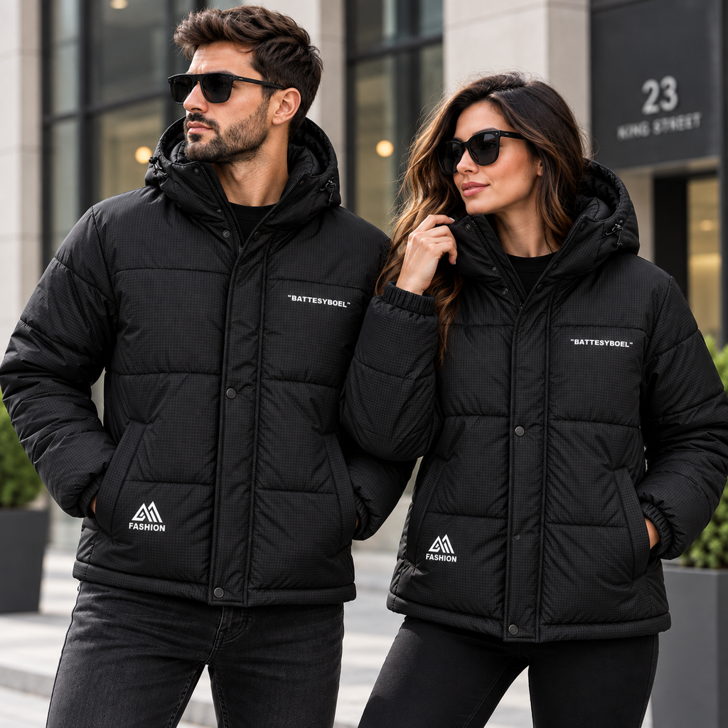 Black Unisex Grid Texture Hooded Puffer Jacket – Waterproof & Windproof