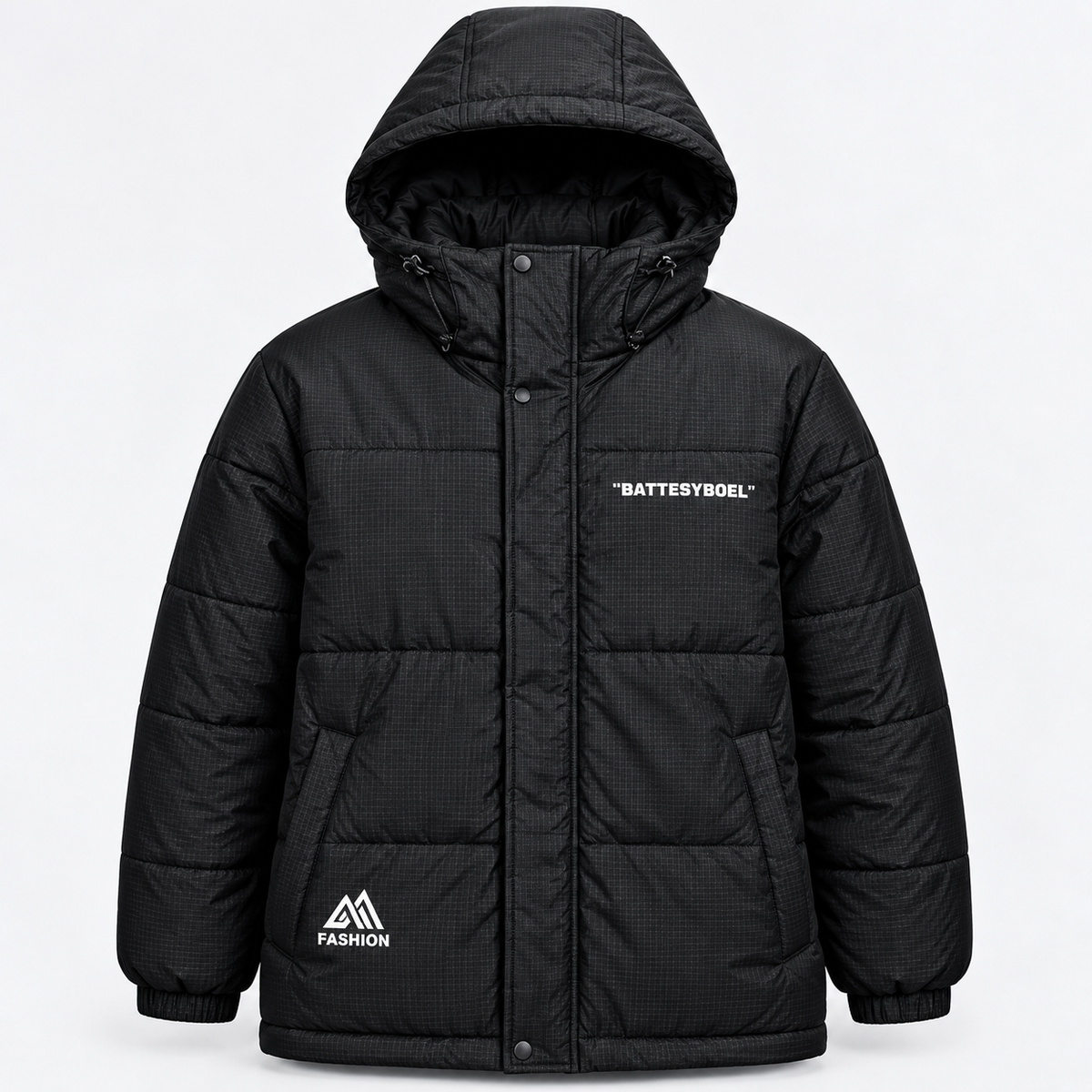 Black Unisex Grid Texture Hooded Puffer Jacket – Waterproof & Windproof