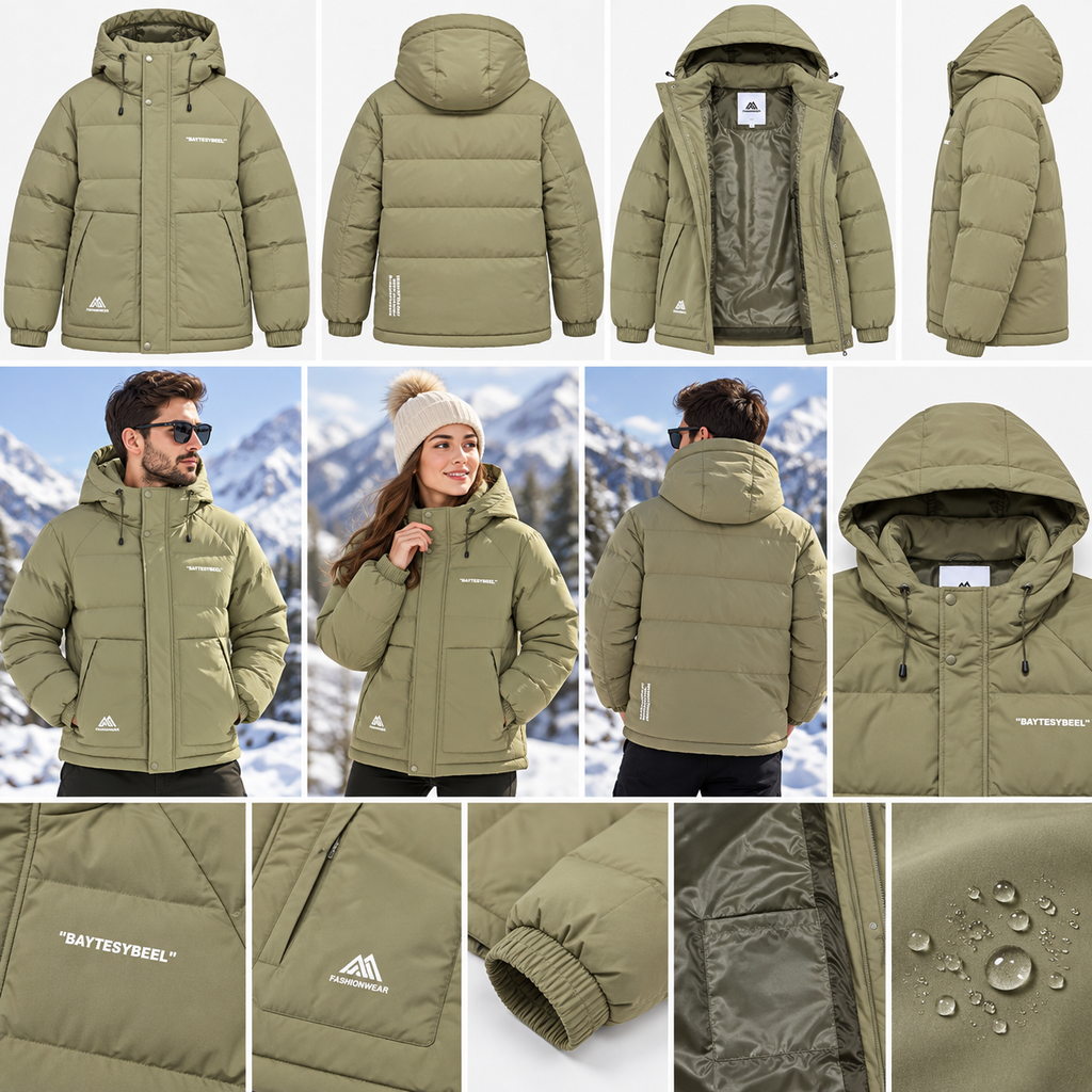 Men’s Waterproof Puffer Jacket Hooded Warm Windproof Winter Coat – Ivory, Grey & Black