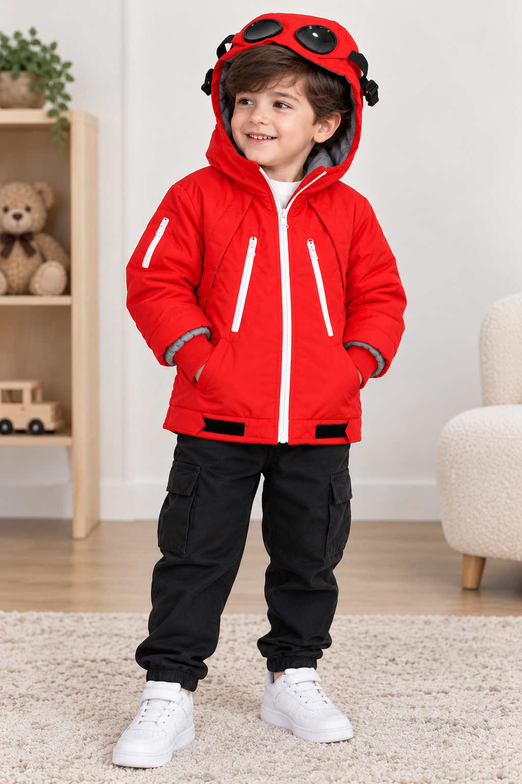 Kids Waterproof Hooded Winter Jacket – Warm Padded Windproof Coat with Zip Pockets – Red & Blue