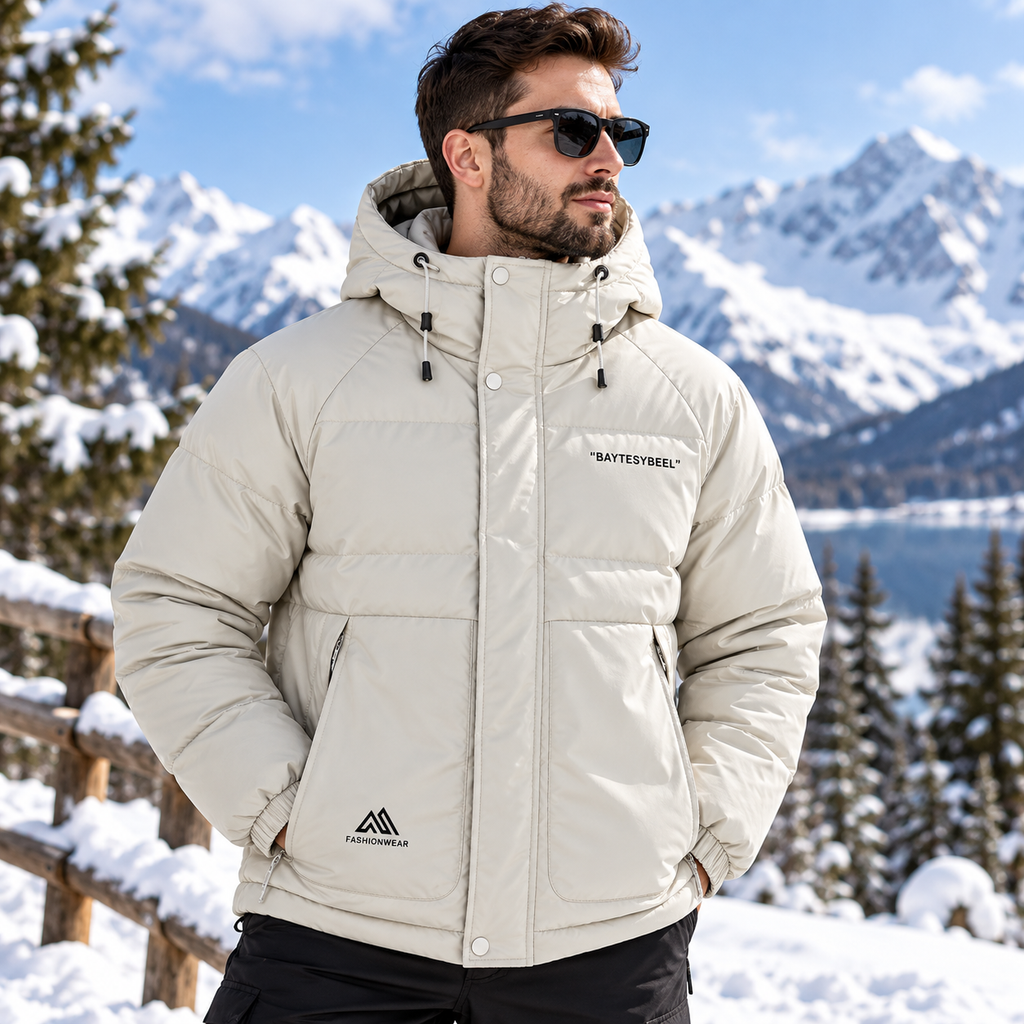 Men’s Waterproof Puffer Jacket Hooded Warm Windproof Winter Coat – Ivory, Grey & Black