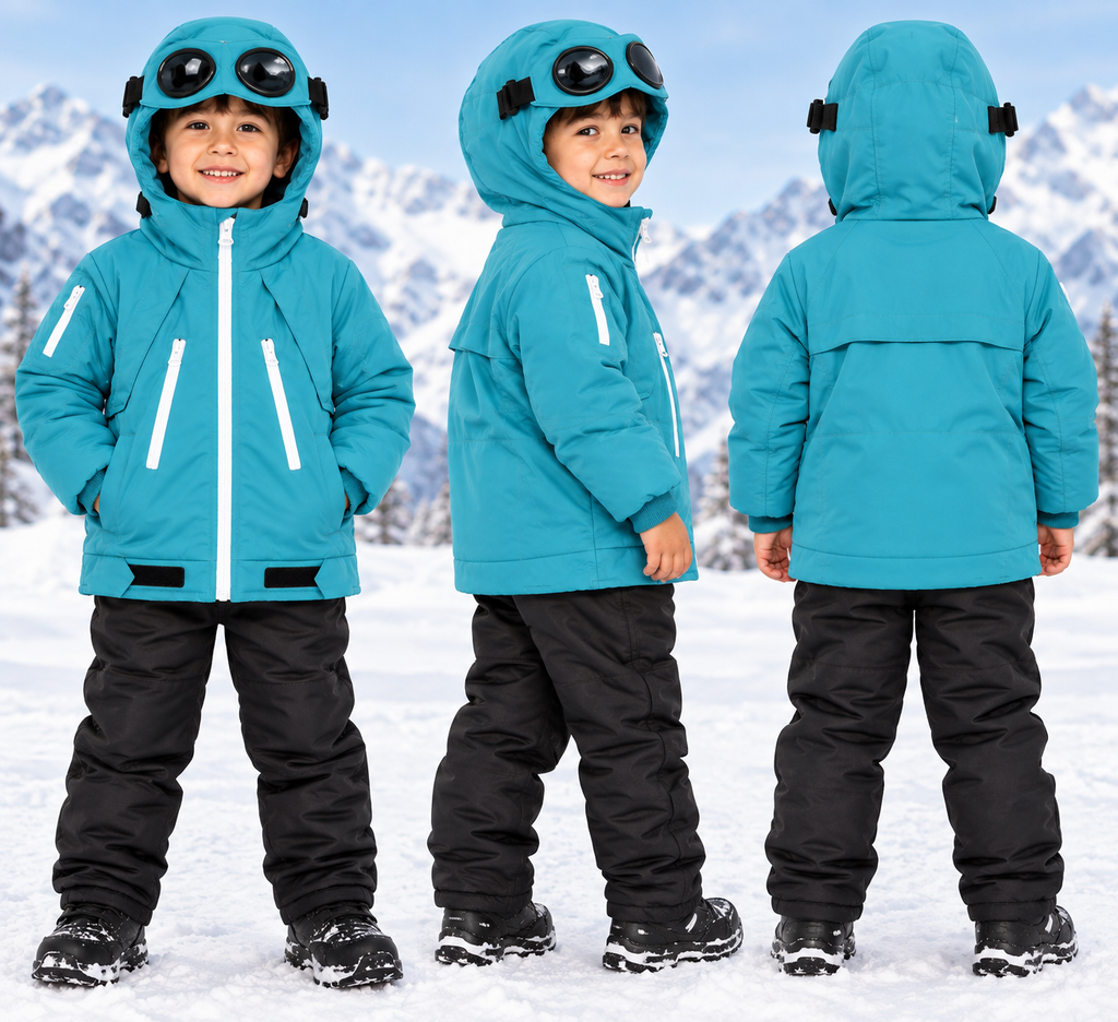 Kids Waterproof Hooded Winter Jacket – Warm Padded Windproof Coat with Zip Pockets – Red & Blue
