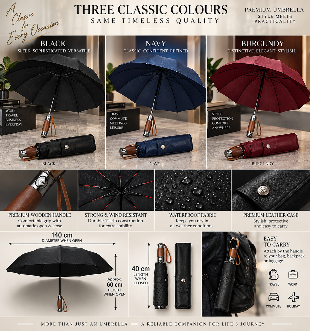 Premium English Style Automatic Umbrella – Luxury Wooden Handle, Leather Case, Extra Large 140cm Canopy