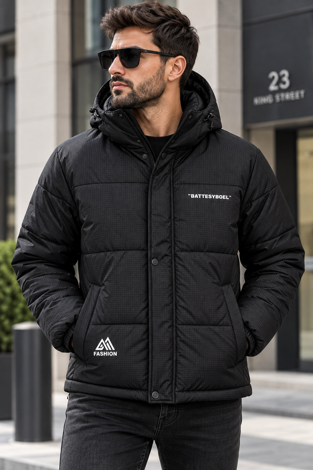 Black Unisex Grid Texture Hooded Puffer Jacket – Waterproof & Windproof