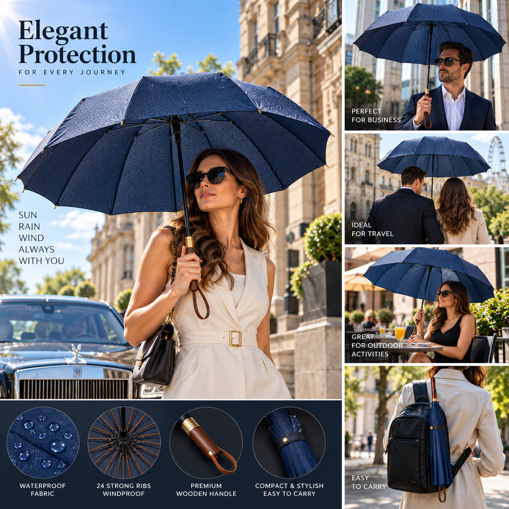 Premium Extra Large 140cm Windproof Umbrella with Wooden Handle – Black & Navy