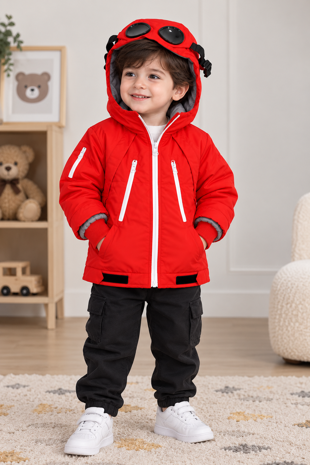 Kids Waterproof Hooded Winter Jacket – Warm Padded Windproof Coat with Zip Pockets – Red & Blue