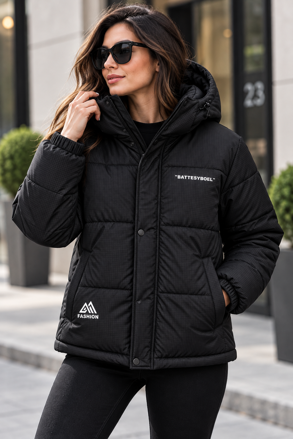 Black Unisex Grid Texture Hooded Puffer Jacket – Waterproof & Windproof