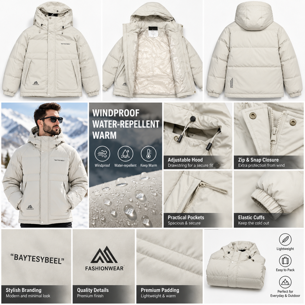 Men’s Waterproof Puffer Jacket Hooded Warm Windproof Winter Coat – Ivory, Grey & Black