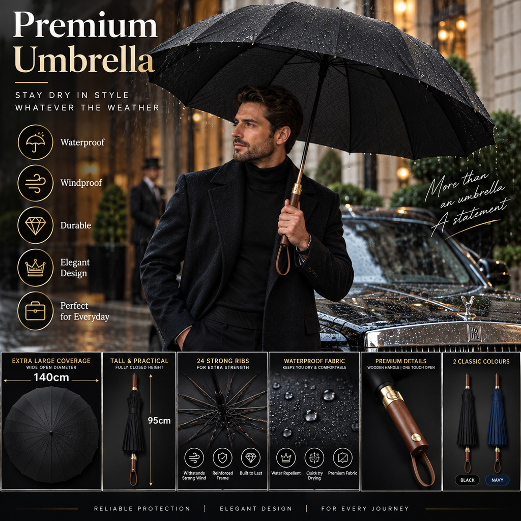 Premium Extra Large 140cm Windproof Umbrella with Wooden Handle – Black & Navy